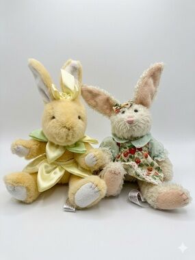 Lot 2 Hugfun Easter Bunny Plush 2001 Vintage Rabbit Stuffed Toy Dress Bow